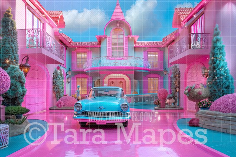 Pink Doll House with Car Digital Backdrop - Pink Dollhouse Digital Background