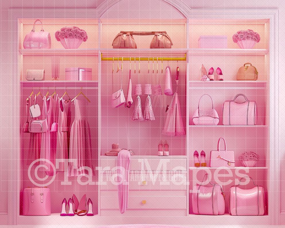 Pink Doll House Closet Digital Backdrop - Pink Dollhouse Digital Background