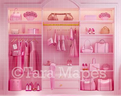 Pink Doll House Closet Digital Backdrop - Pink Dollhouse Digital Background