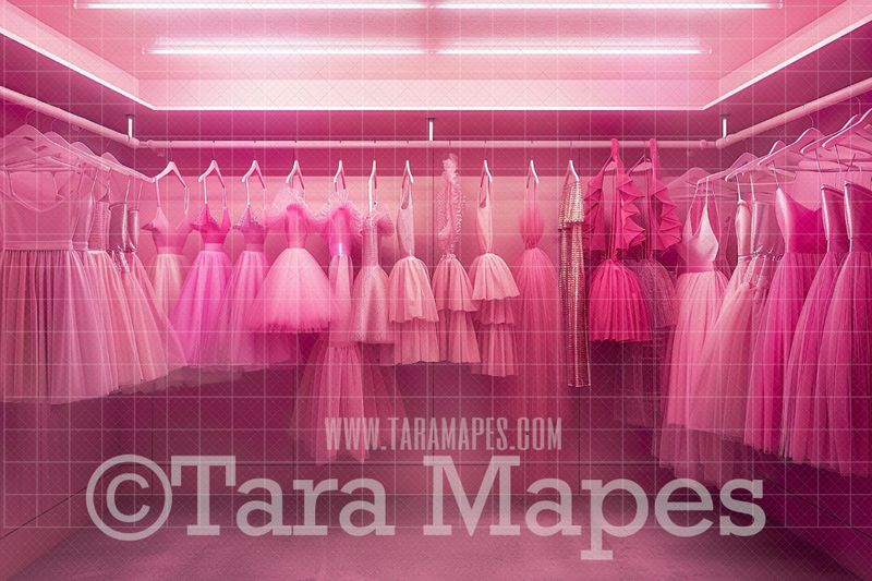 Pink Doll House Closet of Tutu Dresses Digital Backdrop - Pink Dollhouse Digital Background