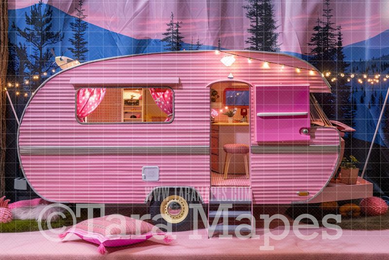 Pink Doll House Camper Digital Backdrop - Pink Dollhouse Digital Background