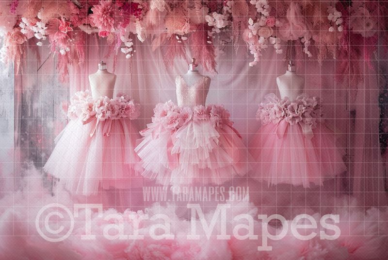 Display of Tutu Dresses Digital Backdrop - Pink Dollhouse Digital Background