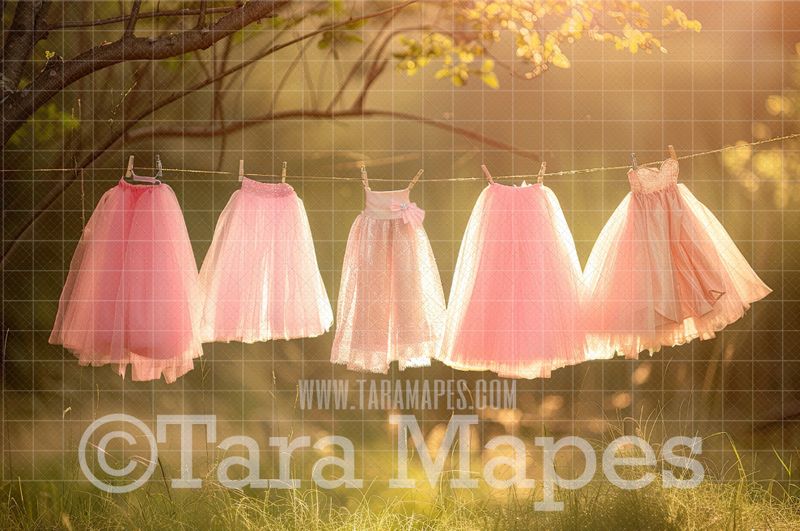 Clothesline of Tutu Dresses Digital Backdrop - Pink Dollhouse Digital Background
