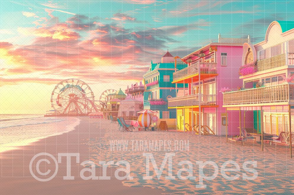 Pink Doll House Beach Digital Backdrop - Malibu Beach Dollhouse Digital Background