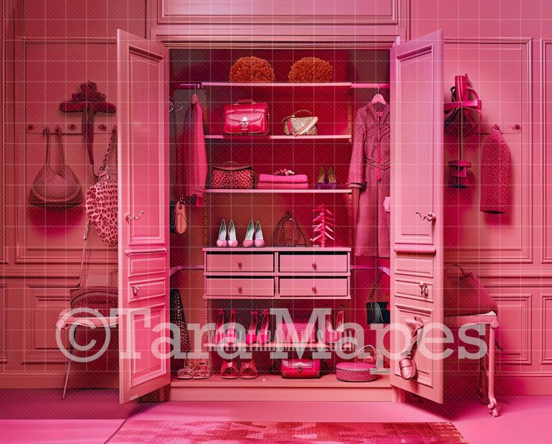 Pink Doll House Closet Digital Backdrop - Pink Dollhouse Digital Background