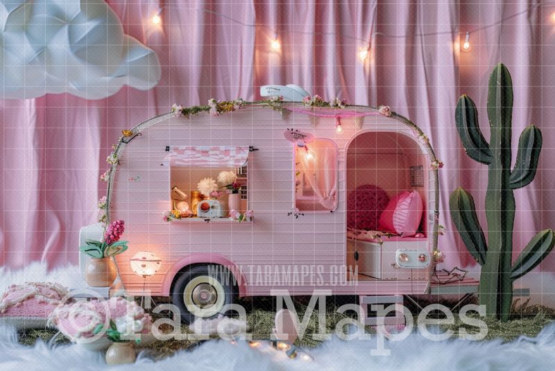 Pink Doll House Camper Digital Backdrop - Pink Dollhouse Digital Background