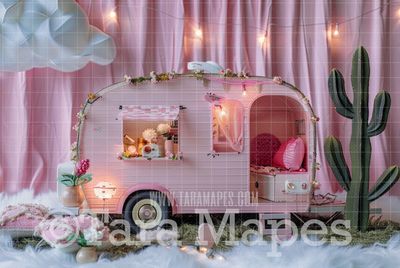 Pink Doll House Camper Digital Backdrop - Pink Dollhouse Digital Background