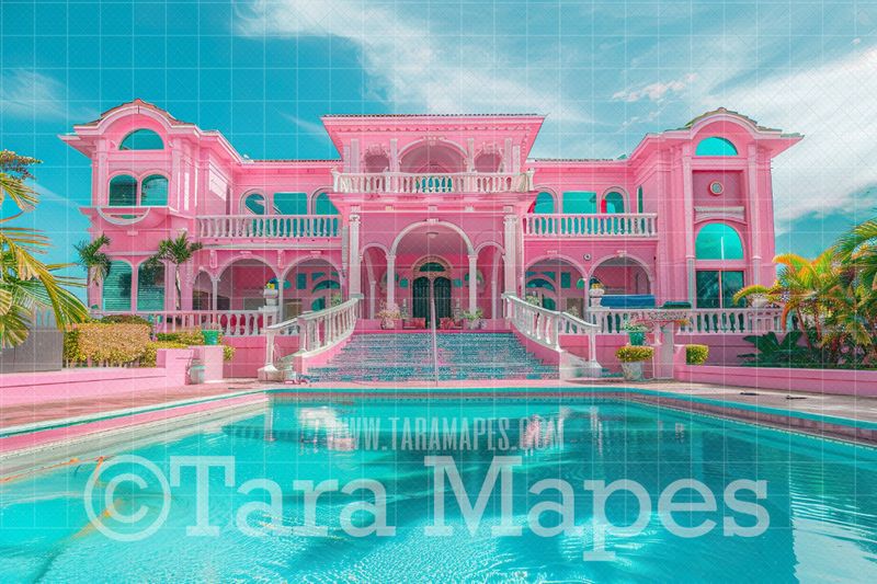 Pink Doll House Mansion with Pool Digital Backdrop - Pink Dollhouse Digital Background