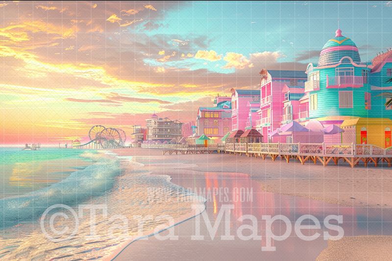 Pink Doll House Beach Digital Backdrop - Malibu Beach Dollhouse Digital Background