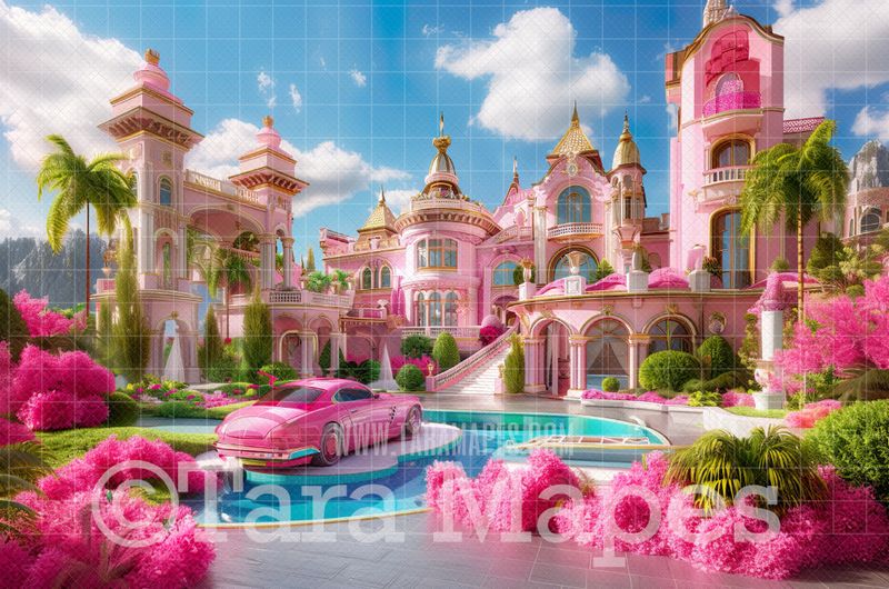 Pink Doll House Mansion Digital Backdrop - Pink Dollhouse Digital Background