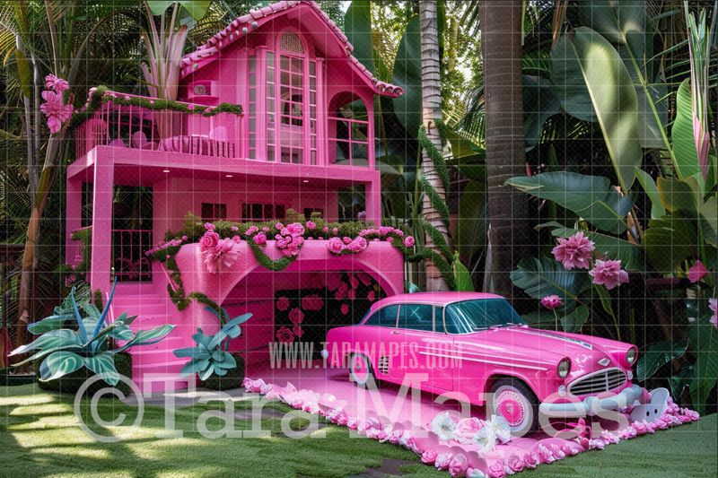 Pink Doll House with Car Digital Backdrop - Pink Dollhouse Digital Background