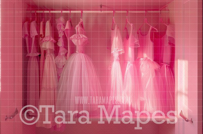Pink Doll House Closet of Tutu Dresses Digital Backdrop - Pink Dollhouse Digital Background