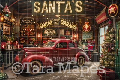 Santa&#39;s Garage Digital Backdrop - Free Snow overlay - Christmas Holiday Digital Background Backdrop JPG