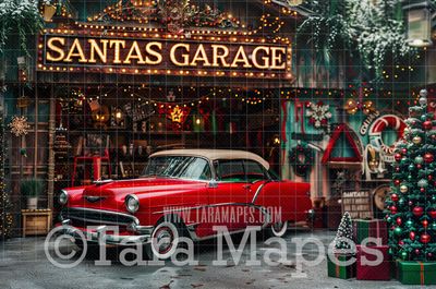Santa&#39;s Garage Digital Backdrop - Free Snow overlay - Christmas Holiday Digital Background Backdrop JPG