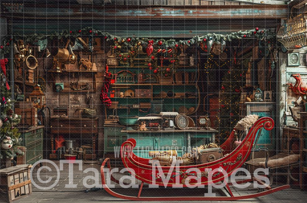 Santa&#39;s Workshop with Sleigh Digital Backdrop - Free Snow overlay - Christmas Holiday Digital Background Backdrop JPG