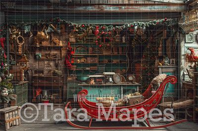Santa&#39;s Workshop with Sleigh Digital Backdrop - Free Snow overlay - Christmas Holiday Digital Background Backdrop JPG