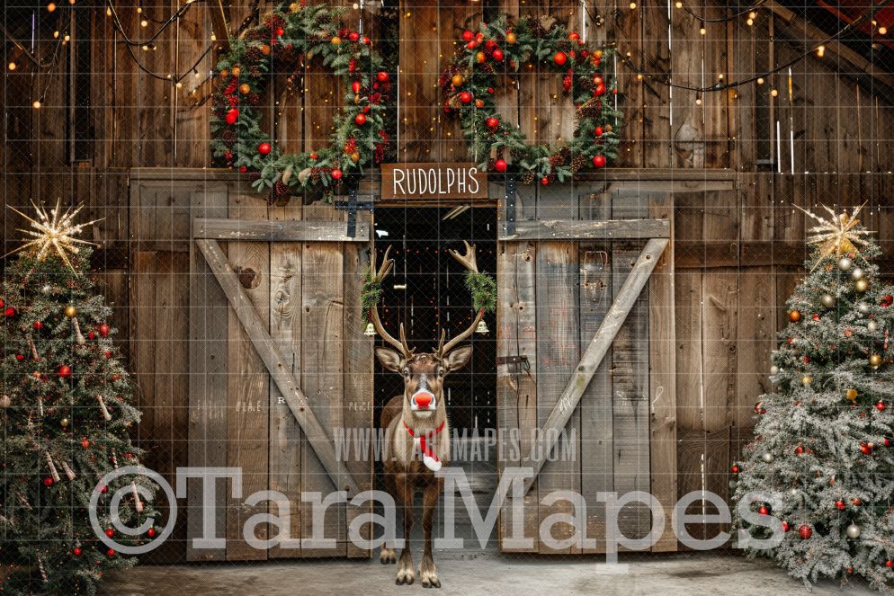 Rudolph&#39;s Barn Digital Backdrop - Free Snow overlay - Christmas Holiday Digital Background Backdrop JPG