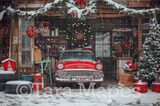 Santa&#39;s Garage with Vintage Car Digital Backdrop - Free Snow overlay - Christmas Holiday Digital Background Backdrop JPG