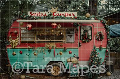 Santa&#39;s Vintage Camper Digital Backdrop - Free Snow overlay - Christmas Holiday Digital Background Backdrop JPG