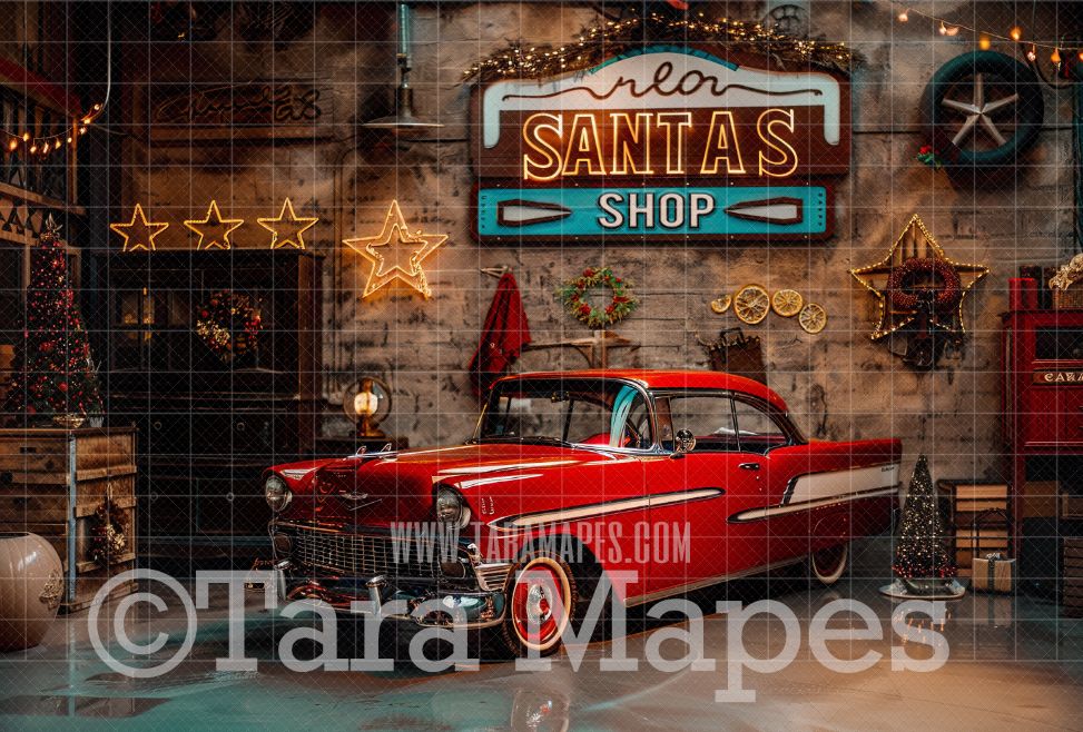 Santa&#39;s Garage Shop Digital Backdrop - Free Snow overlay - Christmas Holiday Digital Background Backdrop JPG