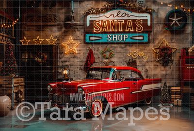 Santa&#39;s Garage Shop Digital Backdrop - Free Snow overlay - Christmas Holiday Digital Background Backdrop JPG