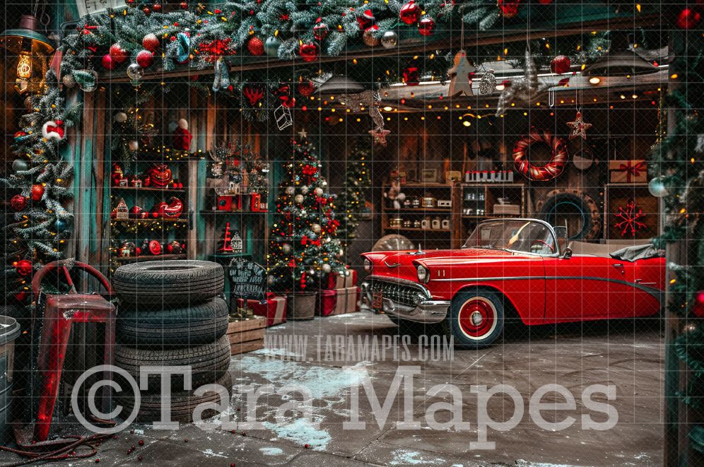 Santa&#39;s Garage Digital Backdrop - Free Snow overlay - Christmas Holiday Digital Background Backdrop JPG