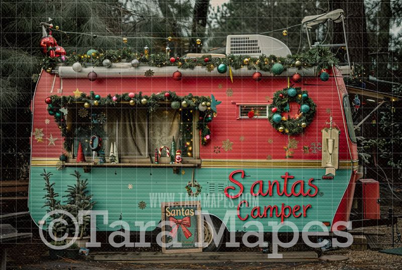 Santa&#39;s Vintage Camper Digital Backdrop - Free Snow overlay - Christmas Holiday Digital Background Backdrop JPG