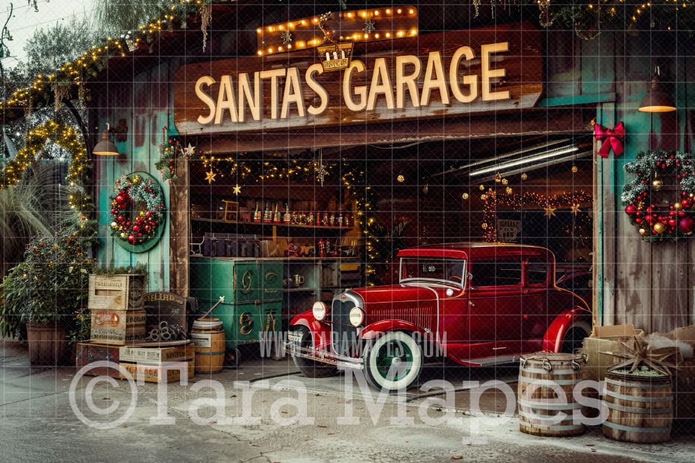 Santa&#39;s Garage Digital Backdrop - Free Snow overlay - Christmas Holiday Digital Background Backdrop JPG