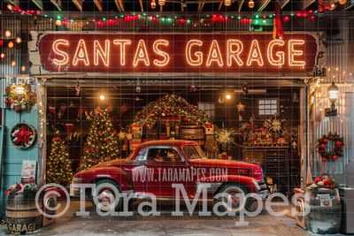 Santa&#39;s Garage Shop Digital Backdrop - Free Snow overlay - Christmas Holiday Digital Background Backdrop JPG