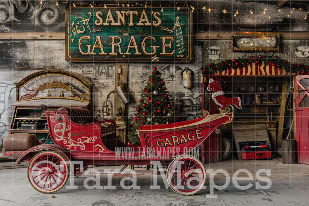 Santa&#39;s Garage with Sleigh Digital Backdrop - Free Snow overlay - Christmas Holiday Digital Background Backdrop JPG