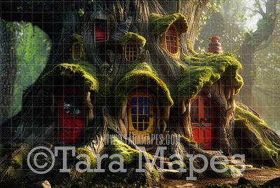 Tree House Digital Backdrop - Magical Fairy Tree House in Enchanted Forest Digital Background - Fairy Home in Enchanted Forest JPG