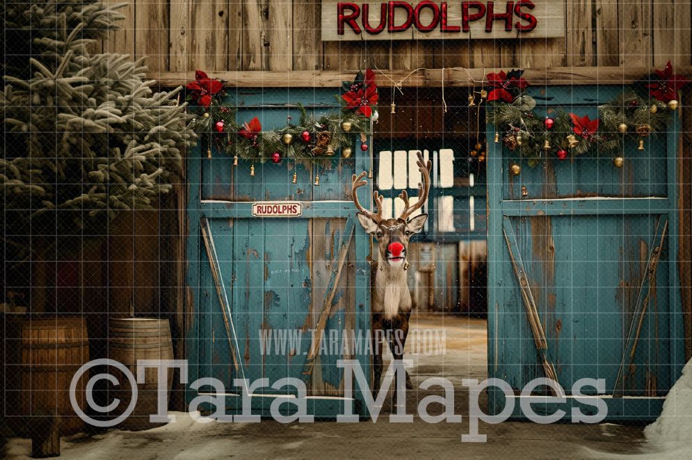 Rudolph&#39;s Barn Digital Backdrop - Free Snow overlay - Christmas Holiday Digital Background Backdrop JPG
