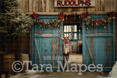 Rudolph&#39;s Barn Digital Backdrop - Free Snow overlay - Christmas Holiday Digital Background Backdrop JPG