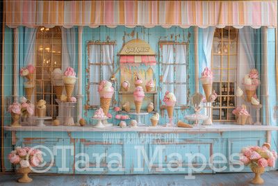 Creamery Shop Digital Backdrop -  Pink and Aquamarine ice Cream Store - Ice Cream Sweet Shop Digital Background