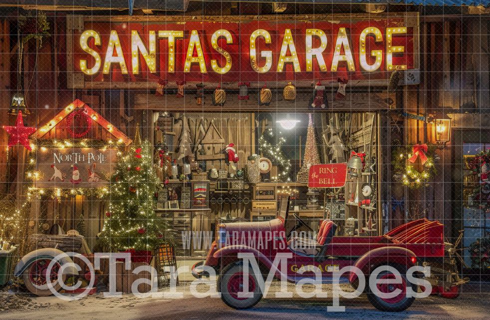 Santa&#39;s Garage Shop Digital Backdrop - Free Snow overlay - Christmas Holiday Digital Background Backdrop JPG