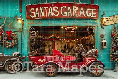 Santa&#39;s Garage Shop Digital Backdrop - Free Snow overlay - Christmas Holiday Digital Background Backdrop JPG