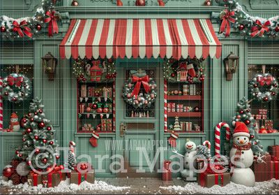 Green Christmas Shop Digital Backdrop - Storefront Christmas Digital Background JPG