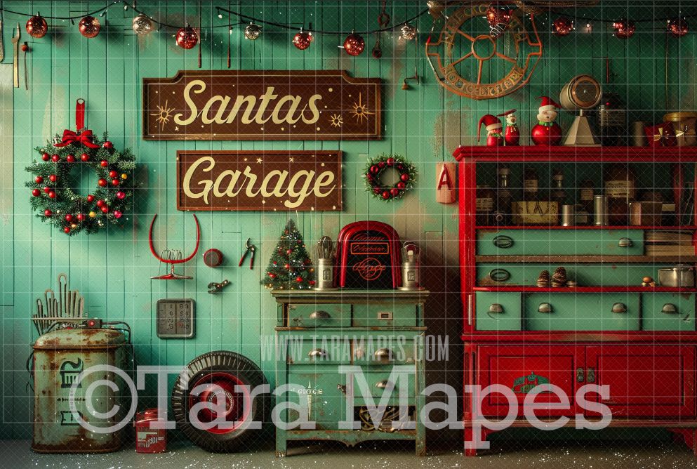 Santa&#39;s Garage Shop Digital Backdrop - Free Snow overlay - Christmas Holiday Digital Background Backdrop JPG