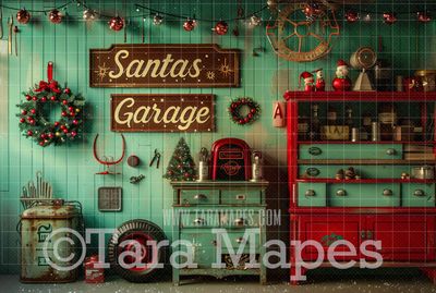 Santa&#39;s Garage Shop Digital Backdrop - Free Snow overlay - Christmas Holiday Digital Background Backdrop JPG
