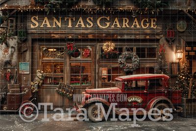 Santa&#39;s Garage Shop Digital Backdrop - Free Snow overlay - Christmas Holiday Digital Background Backdrop JPG