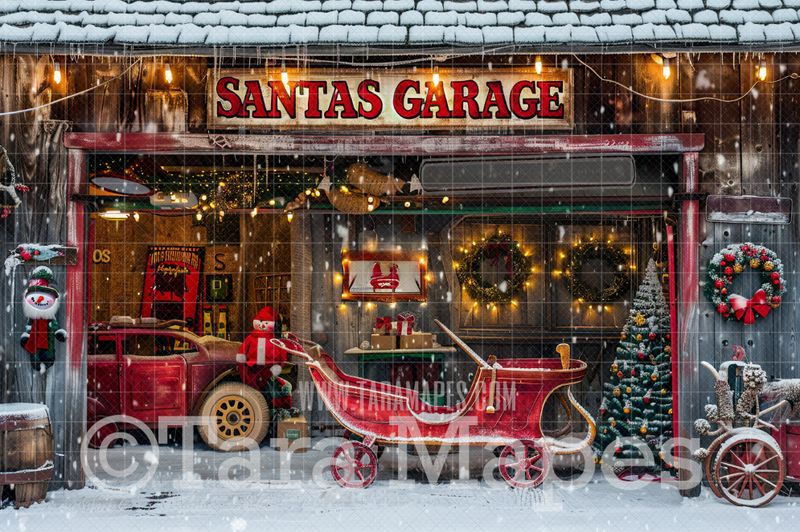 Santa&#39;s Garage Shop Digital Backdrop - Free Snow overlay - Christmas Holiday Digital Background Backdrop JPG