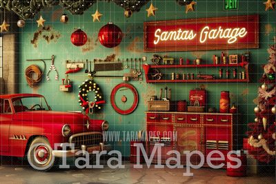 Santa&#39;s Garage Shop Digital Backdrop - Free Snow overlay - Christmas Holiday Digital Background Backdrop JPG