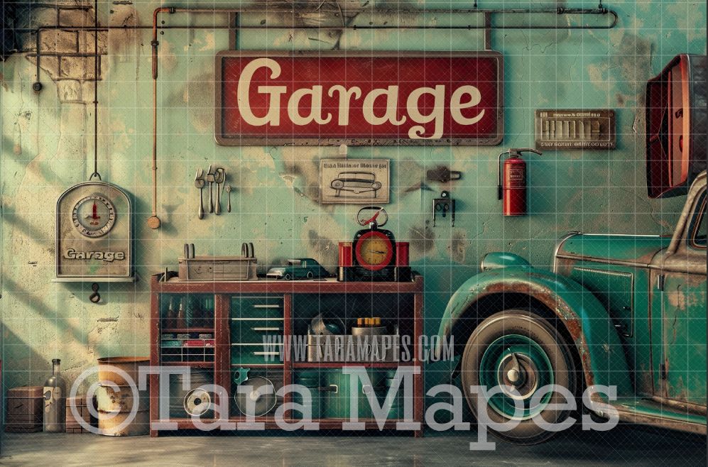 Vintage Teal Garage Shop Digital Backdrop - Old Workshop Garage Digital Background Backdrop JPG