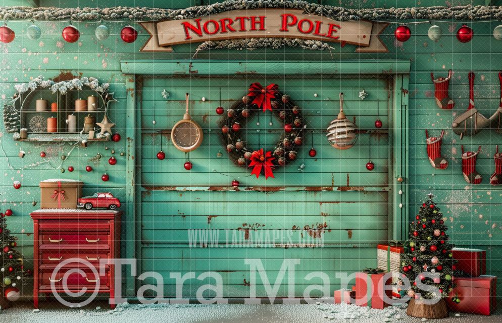 North Pole Garage Shop Digital Backdrop - Old Workshop Garage Digital Background Backdrop JPG
