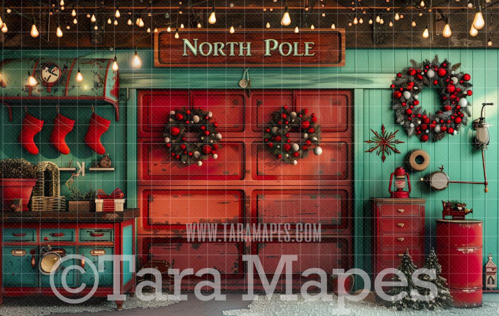 North Pole Garage Shop Digital Backdrop - Old Workshop Garage Digital Background Backdrop JPG