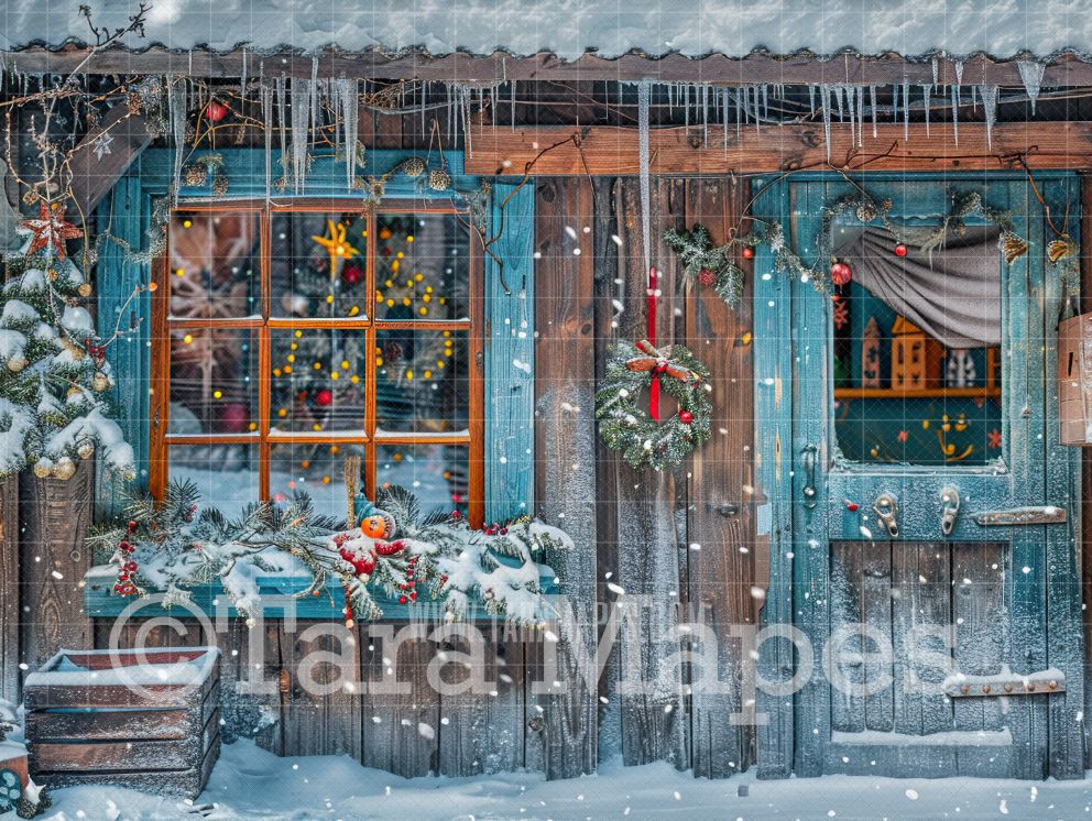 Blue Christmas Cabin Digital Backdrop - Free Snow overlay - Christmas Holiday Digital Background Backdrop JPG