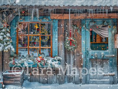 Blue Christmas Cabin Digital Backdrop - Free Snow overlay - Christmas Holiday Digital Background Backdrop JPG