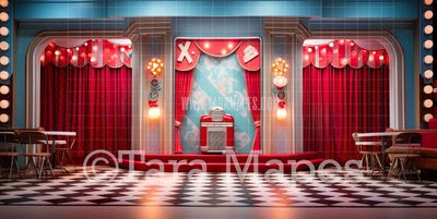 Red and Blue Fifties Diner- - Vintage Retro Fifties Digital Background Backdrop