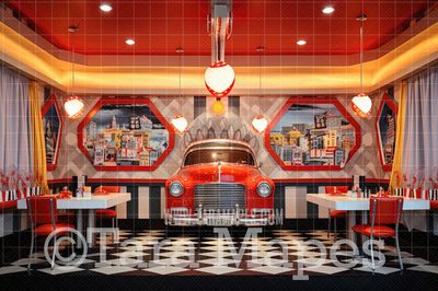 Red and Yellow Fifties Diner- - Vintage Retro Fifties Digital Background Backdrop