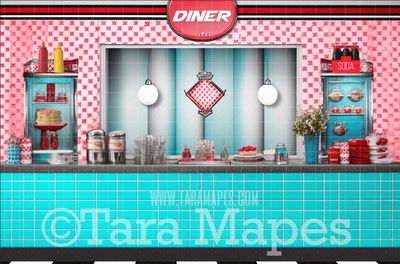 Red and Teal Fifties Diner- 50s Diner Stools- Vintage Retro Fifties Digital Background Backdrop